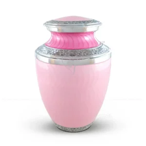 Orchid Bloom 10-inch Treisty shaped aluminum cremation urn featuring a finger-patterned light pink and magenta glossy Meena finish with silver-tone floral bands.