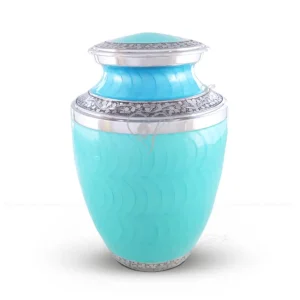 River Mist 10-inch Treisty shaped aluminum cremation urn featuring a finger-patterned midnight and sky blue glossy Meena finish with silver-tone floral bands.