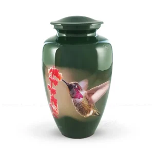 Emerald Flight 10-inch aluminum cremation urn featuring a high-gloss forest green graphic wrap with a hummingbird and red blossoms.