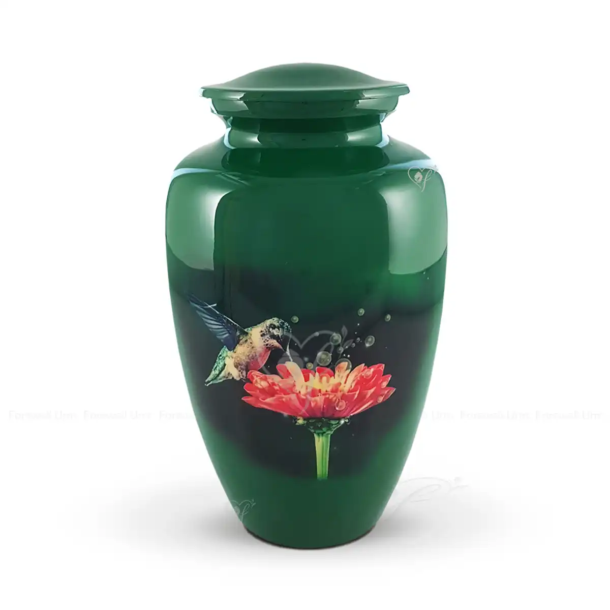Zinnia Grace 10-inch aluminum cremation urn featuring a high-gloss emerald green graphic wrap with a hummingbird and a red zinnia blossom.