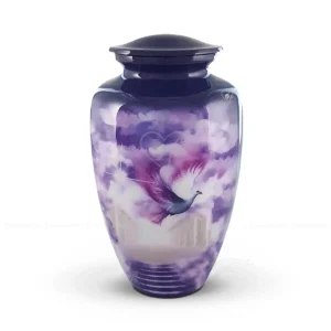 Ascension Peace 10-inch aluminum cremation urn featuring a high-gloss violet celestial graphic wrap with a white dove in flight.