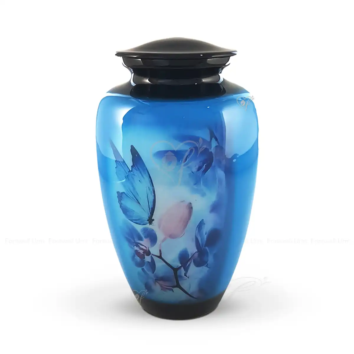 Azure Wings 10-inch aluminum cremation urn featuring a high-gloss azure blue and black graphic wrap with a butterfly and blue orchids.