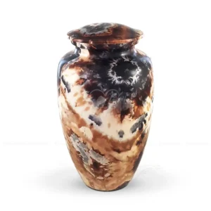 Sienna Stone 10-inch classic aluminum cremation urn featuring a high-gloss graphic wrap with a burnt umber and charcoal Tie & Dye pattern.