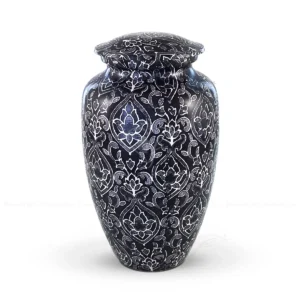 Indigo Damask 10-inch classic aluminum cremation urn featuring a high-gloss graphic wrap with a white Persian floral pattern on a navy background.