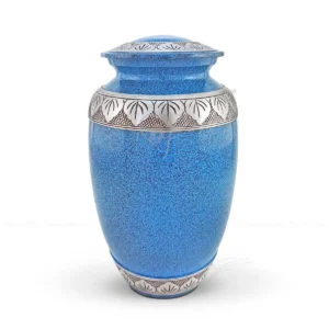Azure Arbor 10-inch aluminum cremation urn featuring a high-gloss blue marble finish and hand-engraved silver-tone leaf bands.