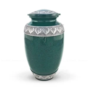 Emerald Arbor 10-inch aluminum cremation urn featuring a high-gloss green marble finish and hand-engraved silver-tone leaf bands.