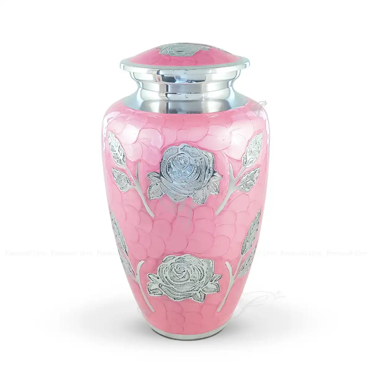 Blush Bloom 10-inch classic aluminum cremation urn featuring a hand-applied pink glossy meena finish and hand-engraved shiny aluminum rose design.
