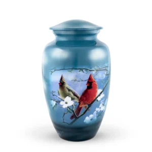 Cardinal Companions 10-inch classic aluminum cremation urn featuring a twilight blue satin finish and a vibrant cardinal bird nature wrap.