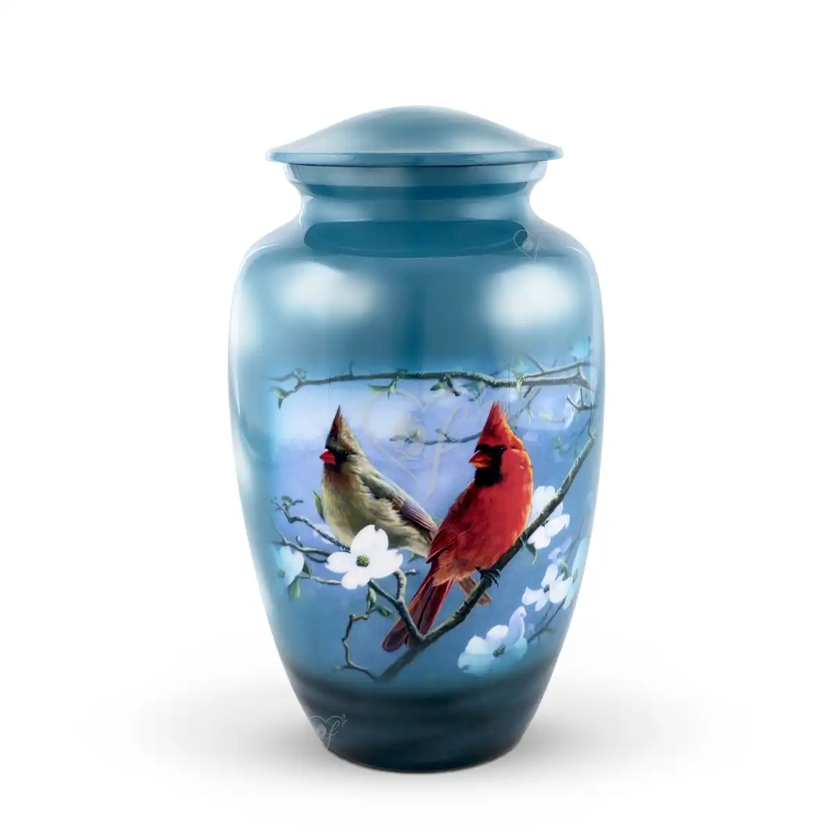 Cardinal Companions 10-inch classic aluminum cremation urn featuring a twilight blue satin finish and a vibrant cardinal bird nature wrap.