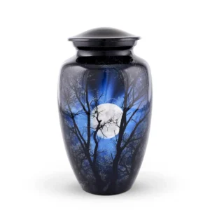 Midnight Moonlight 10-inch classic aluminum cremation urn featuring a High-Gloss Graphic Wrap of a full moon shining through a silhouetted forest.