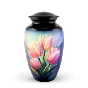 Tulip Serenity 10-inch classic aluminum cremation urn featuring a High-Gloss Graphic Wrap of blooming pink tulips and a black painted glossy lid.