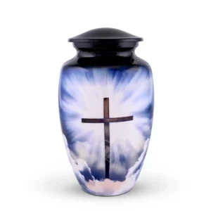 Radiant Cross 10-inch classic aluminum cremation urn featuring a High-Gloss Graphic Wrap of a wooden cross in a celestial sky and a black painted glossy lid.