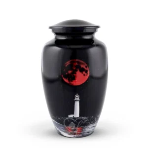 Beacon of Hope 10-inch classic aluminum cremation urn featuring a High-Gloss Graphic Wrap of a lighthouse under a red moon and a black painted glossy lid.