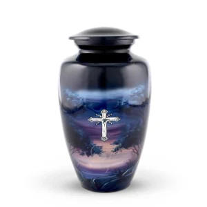 Twilight Faith 10-inch classic aluminum cremation urn featuring a High-Gloss Graphic Wrap of a cross at sunset and a black painted glossy lid.
