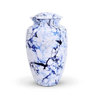 Azure Marble Flight 10-inch classic aluminum cremation urn featuring a High-Gloss Graphic Wrap of blue marble patterns and navy blue bird silhouettes.