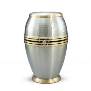 Aurelian Hammered 10-inch hammered brass adult urn in Brushed Pewter with Brushed Gold accents.