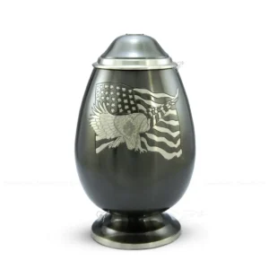 Patriot Guard 10-inch brushed slate brass urn with hand-engraved pewter eagle and American flag.