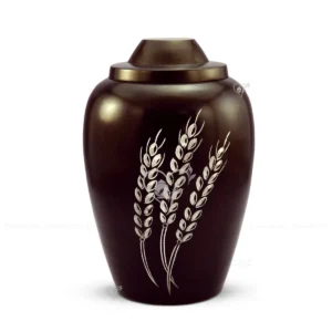 Harvest Peace 10-inch matte brown aluminum urn with a hand-engraved wheat motif.