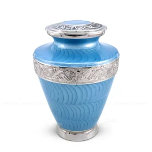 Celestial Milano 10-inch brass adult cremation urn in bright Sky Blue Meena finish with nickel-finished brass floral accents.