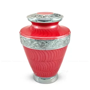 Crimson Milano 10-inch brass adult cremation urn in vibrant Red Meena finish with nickel-finished brass floral accents.