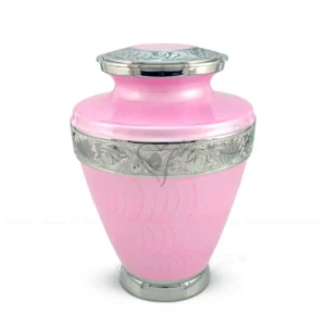 Rosalie Milano 10-inch brass adult cremation urn in Pink Meena finish with nickel-finished brass floral accents.