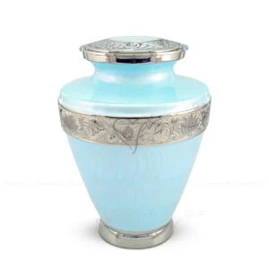 Sky Blue Milano 10-inch brass adult cremation urn in Sky Blue Meena finish with nickel-finished brass floral accents.