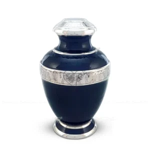 Arcadia 11-inch brass adult cremation urn in Black Meena finish with nickel-finished brass floral accents.