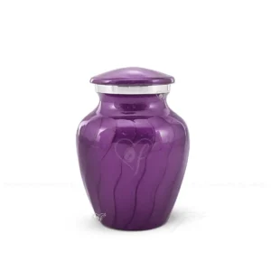 Purple Peace 4-inch classic aluminum infant and child cremation urn in vibrant purple Meena finish with polished silver trim.