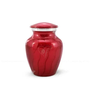 Crimson Peace 4-inch classic aluminum infant and child cremation urn in Silky Red Meena finish with polished silver trim.