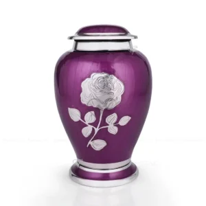 Eternal Rose classic purple rose brass urn in Royal Purple with a hand-engraved nickel rose.