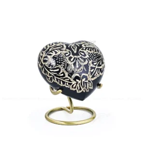 Black Radiance 3-inch heart shaped brass keepsake with hand-engraved floral brass over black paint.