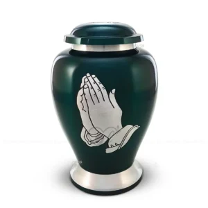 Sacred Devotion oversized aluminum companion cremation urn in Deep Glossy Green with brushed aluminum praying hands.