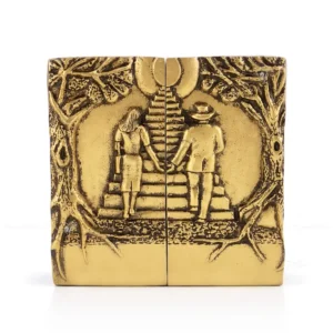 Eternal Reunion aluminum companion cremation urn set in Antique Gold with a cast embossed design of a couple walking together.