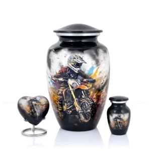 Apex Collection motorcross aluminum urn set including 10-inch adult urn, matching keepsake, and heart keepsake.