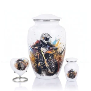 Apex White motorcross aluminum urn set including 10-inch adult urn, matching keepsake, and heart keepsake.