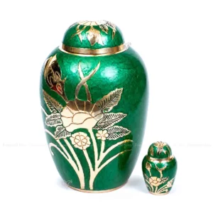 Emerald Eden 10-inch solid brass adult cremation urn with a raised cast embossed floral design in gold and emerald green.