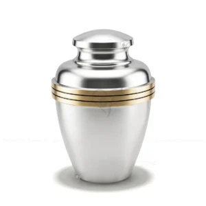Imperial Halo 10-inch premium reflective brass adult urn in shiny nickel with polished brass bands.