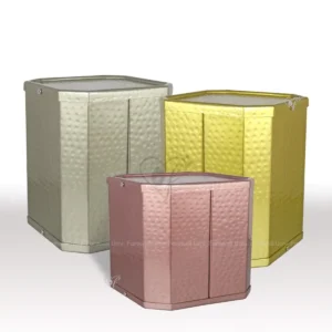 Metallica Cubis series aluminum cremation urns in silver, gold, and rose copper with a round hammered finish.