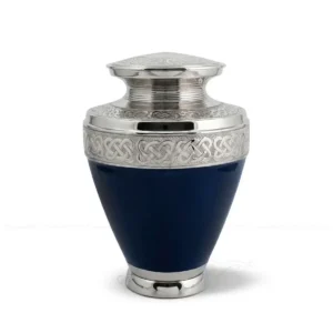 Celtic Onyx 10-inch solid brass adult cremation urn in glossy black meena with hand-engraved silver Celtic knot bands.