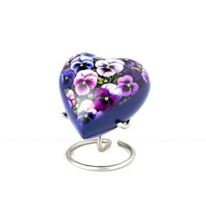 Pansy Garden 3-inch heart shaped aluminum keepsake with a high-gloss floral graphic wrap and purple base.