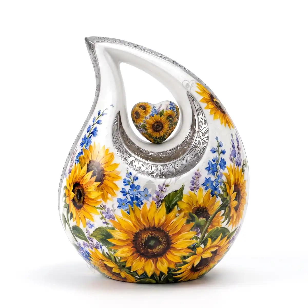 Fiora Teardrop 10-inch aluminum cremation urn with a vibrant sunflower graphic wrap, polished silver accents, and a central matching heart.