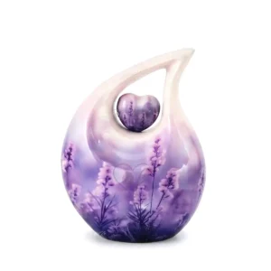 Fiora Lavender 10-inch teardrop aluminum urn featuring soft purple lavender florals and a nested matching heart keepsake.