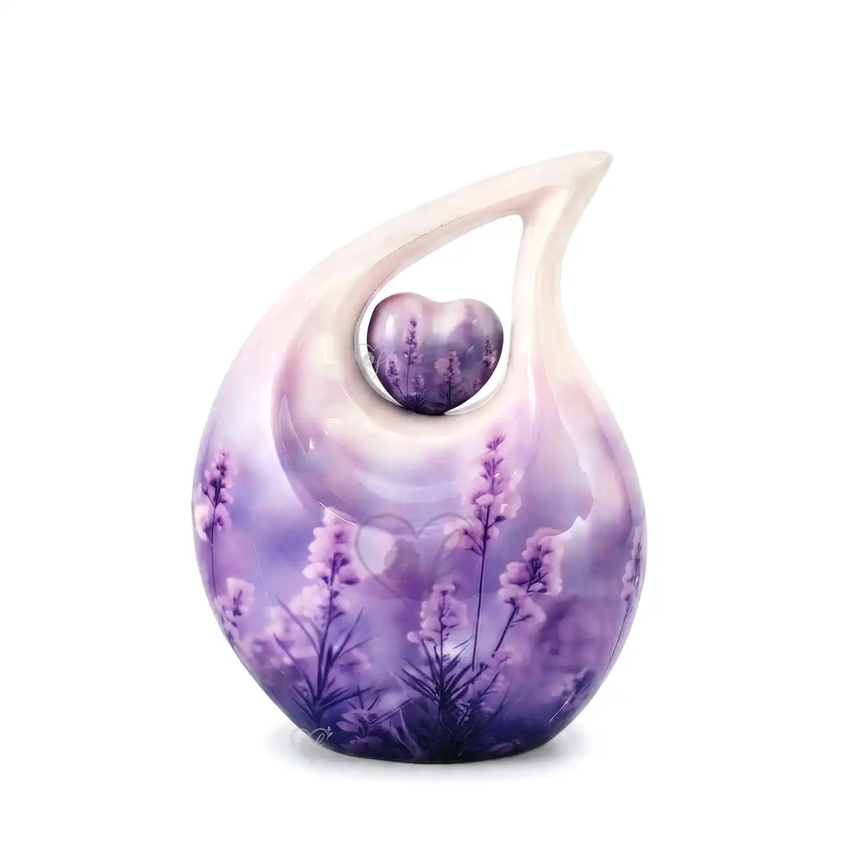 Fiora Lavender 10-inch teardrop aluminum urn featuring soft purple lavender florals and a nested matching heart keepsake.